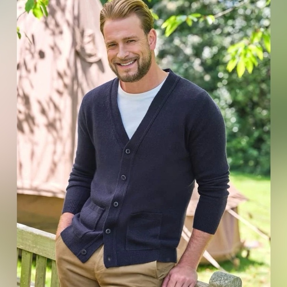 Woolovers Mens Lambswool‎ V Neck Pure Lambswool Cardigan Navy Blue Size XLarge
